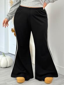SHEIN CURVE+ Quần ống loe ôm dáng dệt kim gân màu đen cho nữ size lớn, thu đông - màu đen - Xem 6