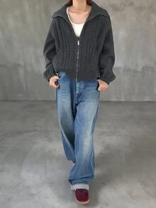 FRIFUL Women's Solid Color Zipper Casual Versatile Daily Wear Wool Blend Jacket - Grey - View 7