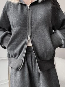 FRIFUL Women's Plush Patchwork Zip-Up Hoodie & Long Casual Daily Two Pieces Set - Grey - View 5