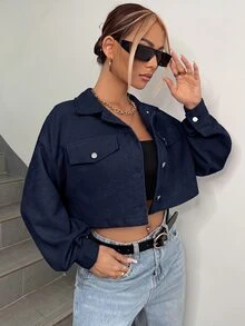SHEIN EZwear 春秋穿搭落肩翻蓋設計短版燈芯絨夾克 秋冬款 - 藏蓝色 - 查看 4