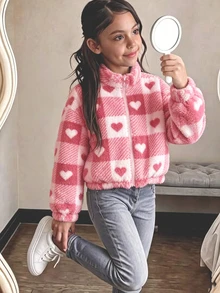 1件青少年女孩立領前拉鍊袖口毛絨外套 全身愛心圖案印花休閒夾克上衣 秋冬款 - 粉色 - 查看 5