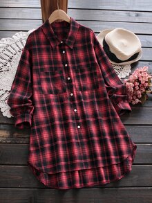 Rusticease Plus Size Women Plaid Casual Versatile Daily Wear Shirt - Red - View 4
