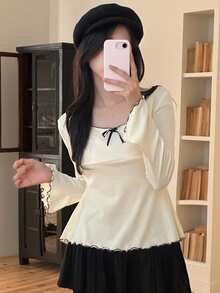 DAZY Contrast Color Wavy Edge Ruffle Bow Slim Fit Long Sleeve Flare Cuff Casual Vacation Korean Style Spring Autumn Women T-Shirt - Apricot - View 5