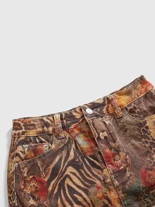 ROMWE Vacation Hippie Retro Floral Leopard Fruit Print Low Waist Bodycon Denim Skirt - Brown - View 3