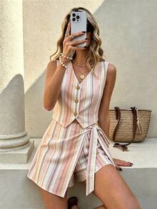 Serisse Women's Colorful Striped Pattern V-Neck Tank Top And Bow Shorts 2 Pieces Set - Multicolor - View 4