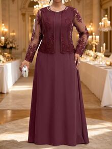 Fleurora Plus Size Women Solid Color Round Neck Wide Strap Waist-Cinching Maxi Dress With Floral Embroidered Lace Cardigan 2 Pieces Set - Purple - View 4