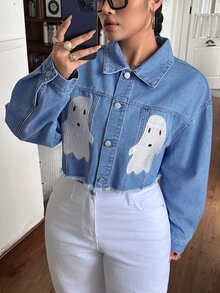 Rivivi Jaket Denim Pendek Wanita Plus Size dengan Bordir Aplikasi - Medium Wash - View 7