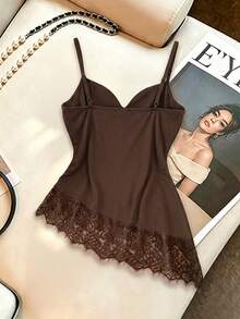 Cévolie European & American Style Single Lace Patchwork Camisole Camisole Women's Base Layer Top - Coffee Brown - View 6