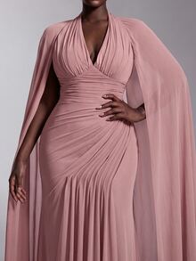 Elitara Plus Size New Elegant Glamorous Pink Mesh V-Neck Flutter Sleeve Ruched Decor Fitted Bodycon Mermaid Hem Long Evening Gown Dress For Wedding Events And All Formal Occasions - Dusty Pink - View 7
