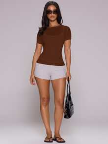 MUSERA ESSENTIALS Double Layered Sheer White Loose Fit Tee With Fitted Scoop Tank Underlayer  Spring Summer Cute Holiday Daily Everyday Back To School Vacation Office - Brown - View 5