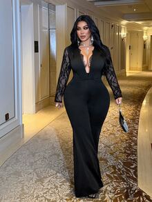 NU&NOW Plus Size Women's Lace Patchwork Bell Sleeve Jumpsuit With Deep V Lace Neckline, Suitable For Casual, Party, Evening, And Other Occasions To Showcase Charm - Black - View 5