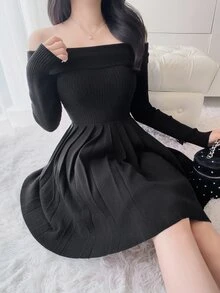 FRIFUL Women's Elegant Ribbed Pleated Off-Shoulder Sweater Dress - Black - View 2