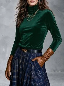 Solivie Kaos Lengan Panjang Beludru Wanita untuk Musim Gugur, Lapisan Dasar Beludru - Dark Green - View 7