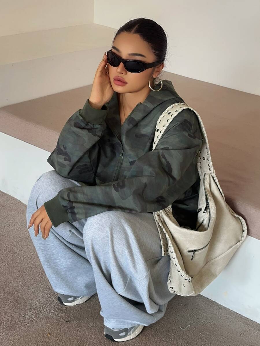 Livesso Hooded Camouflage Korean Style Casual Cargo Blogger Outfit Spring Autumn New Jacket Office Going Out - Army Green - View 1