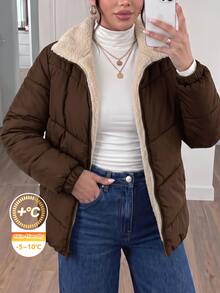 SHEIN Frenchy 大尺碼女款保暖內裡休閒百搭連帽填充外套 冬季 - 咖啡棕 - 查看 1