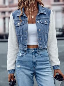 SHEIN LUNE Women's Single-Breasted Colorblock Casual Everyday Denim Jacket - Blue - View 3