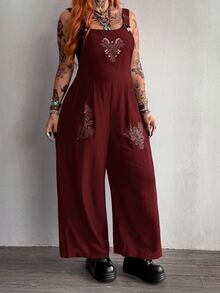 Whyspr Plus Size Wide Leg Floral Print Jumpsuit With Straps, Spring/Summer - Burgundy - View 3