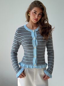 Aloruh 女款秋季藍白條紋拼接圓領長袖針織開襟衫，簡約學院風休閒優雅復古現代日常通勤毛衣 - 淺藍色 - 查看 4