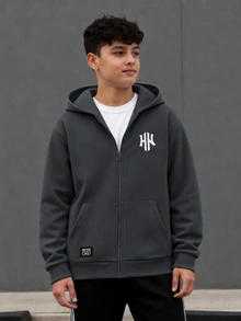 SHEIN 青少年男孩極簡街頭風秋冬休閒日常穿著校園拉鍊連帽衛衣 - 深灰色 - 查看 5