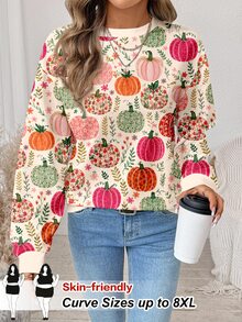 SHEIN CURVE+ 女款萬聖節南瓜印花長袖圓領套頭運動衫（秋冬）- 休閒極簡大尺碼運動衫 - 彩色 - 查看 1
