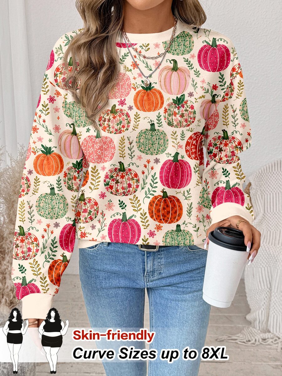 SHEIN CURVE+ Women's Halloween Pumpkin Print Long Sleeve Crew Neck Pullover Sweatshirt (Autumn/Winter) - Casual Minimalist Plus Size Plus Size Sweatshirt Fall