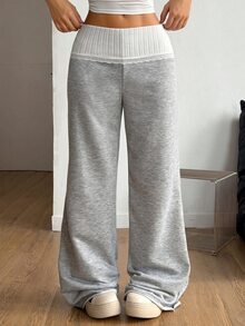 SHEIN 青少年女孩秋冬春季時尚休閒極簡針織拼色摺疊高腰蕾絲拼接修身寬腿運動長褲 - 淺灰色 - 查看 2