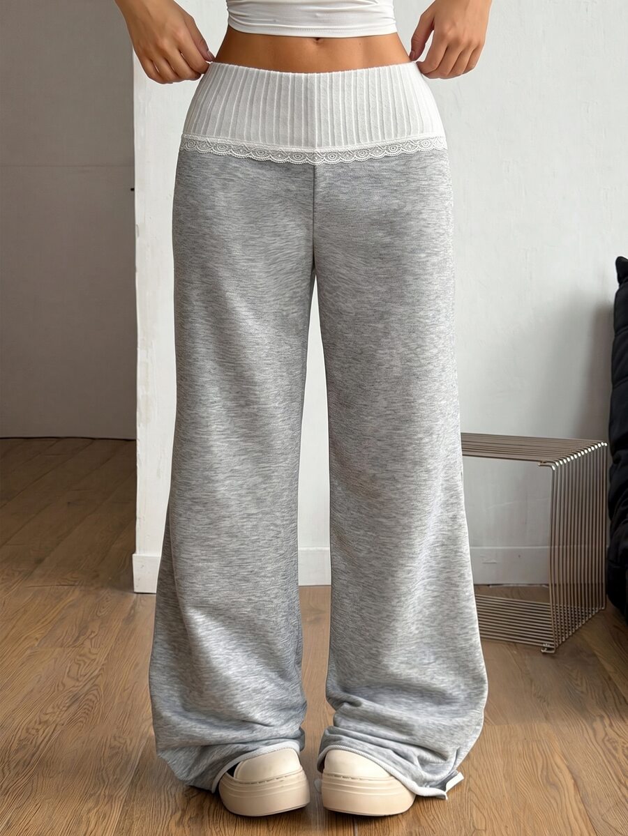 SHEIN Kids Tween Girl Tween Girl Autumn Winter Spring Fashion Casual Minimalist Knit Colorblock Folded High Waist Lace Patchwork Fitted Wide Leg Sweatpants - Light Grey - View 1
