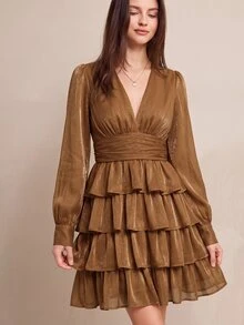 BELROSIE 法式風格V領甜美碎花度假短款層次雪紡長袖蛋糕裙女款迷你洋裝 - 咖啡 - 查看 6