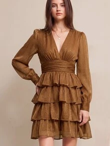 BELROSIE 法式風格V領甜美碎花度假短款層次雪紡長袖蛋糕裙女款迷你洋裝 - 咖啡 - 查看 4