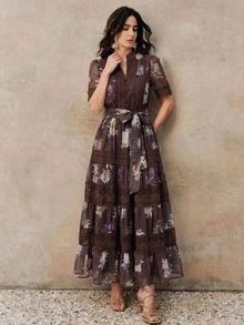 Anewsta 優雅收腰大裙擺彩色春夏花卉圖案設計耐穿拼接蕾絲飾邊女款長洋裝 - 棕色 - 查看 6