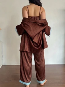 Dazy Plus 3pcs Colorblock Polka Dot Long Pants Loungewear Set, Spring Summer Autumn Pajamas - Brown - View 5