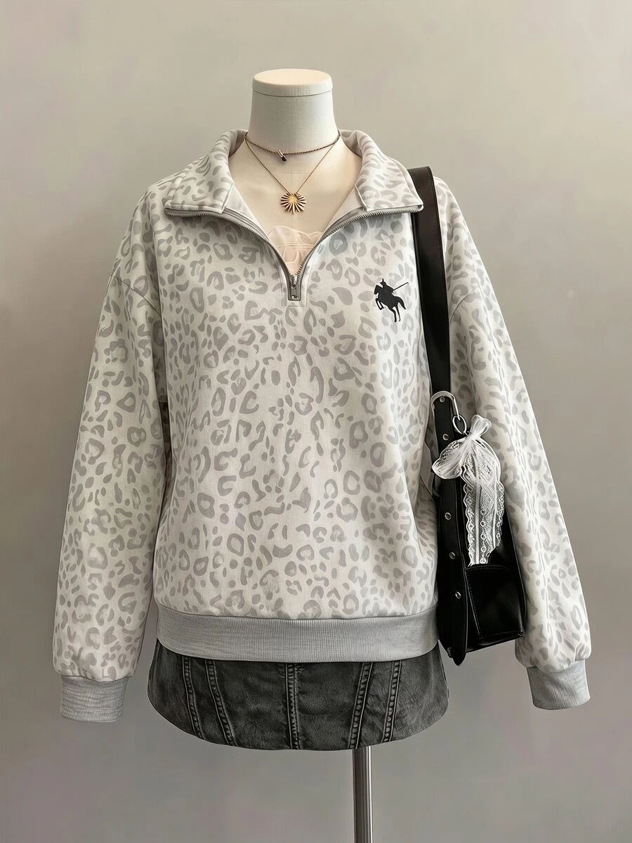 SHEIN 青少年女孩半拉鍊寬鬆運動衫,豹紋印花,街頭風,適合日常通勤 - 灰色 - 查看 1