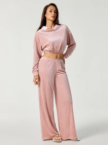 SHAPORA Women's Autumn/Winter Fashion Pink Velvet Fabric Short Sweatshirt & Straight Leg Pants Loungewear 2pcs Set - Pink - View 4