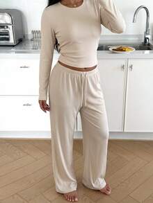 Dazy Plus Women's Solid Color Round Neck Long Sleeve Fitted Top And Elastic Waist Long Pants Casual 2 Pieces Set - Apricot - View 6