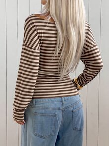 SHEIN EZwear 棕色條紋針織露肩修身T恤 - 棕色 - 查看 2