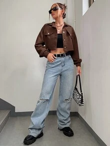 SHEIN EZwear 春秋穿搭落肩翻蓋設計短版燈芯絨夾克 秋冬款 - 棕色 - 查看 4
