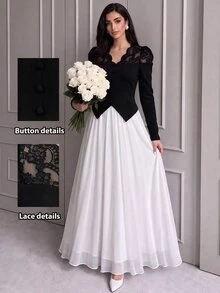 Modelyn Women's Elegant V-Neck Fitted Lace Patchwork Waist-Cinching Knit Top For Daily Commute And Date Outfits - Black - View 4