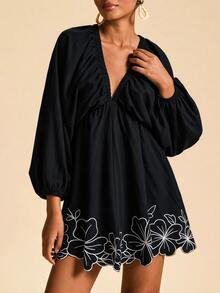 Travachic Women's Pattern Print High Waist Long Sleeve Mini Dress - Black - View 6