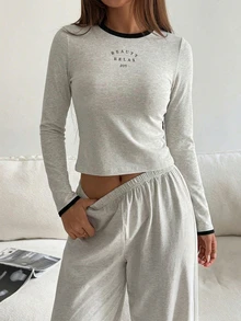 Livesso Conjunto de 2 piezas estilo casual con ribete en contraste y estampado de letras, camiseta slim fit de manga corta y larga & pantalones de pijama rectos largos, atuendo de verano para mujer ropa de dormir - Gris Claro - Ver 6