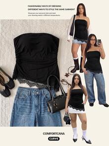 Comfortcana Plus Size Sleeveless Bandeau Split Pleated Solid Color Women's Top - Black - View 11