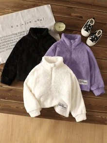 SHEIN 兒童 3 件組女童純色立領半拉鍊抓絨短版連帽衫套裝，雙面抓絨秋冬款 - 彩色 - 查看 4