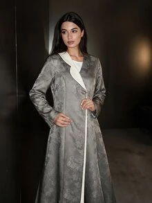 Yasmyna Women's Grey Woven Jacquard Single Lapel Contrast Color Long Sleeve Abaya - Grey - View 3