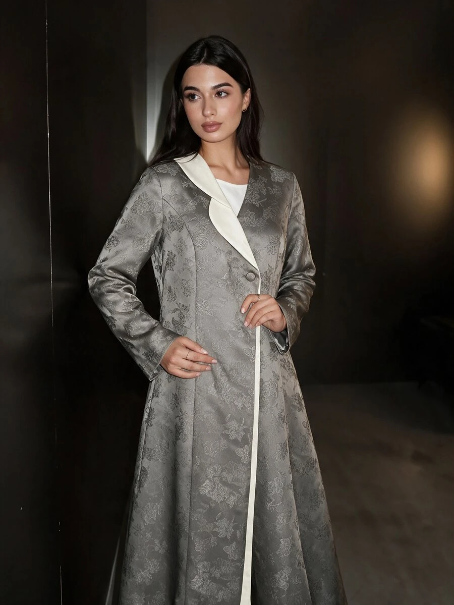 Yasmyna Women Light Grey Jacquard Contrast Lapel Placket Front Slit Long Abaya Modest Muslim Dress Middle East Dubai Fall Elegant Robe - Grey - View 1