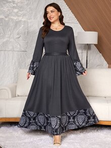 Lacomfia Women's Elegant Minimalist Round Neck Patchwork Floral Print Tie Waist Daily Home Wear Plus Size Long Sleeve Dress - Grey - View 1