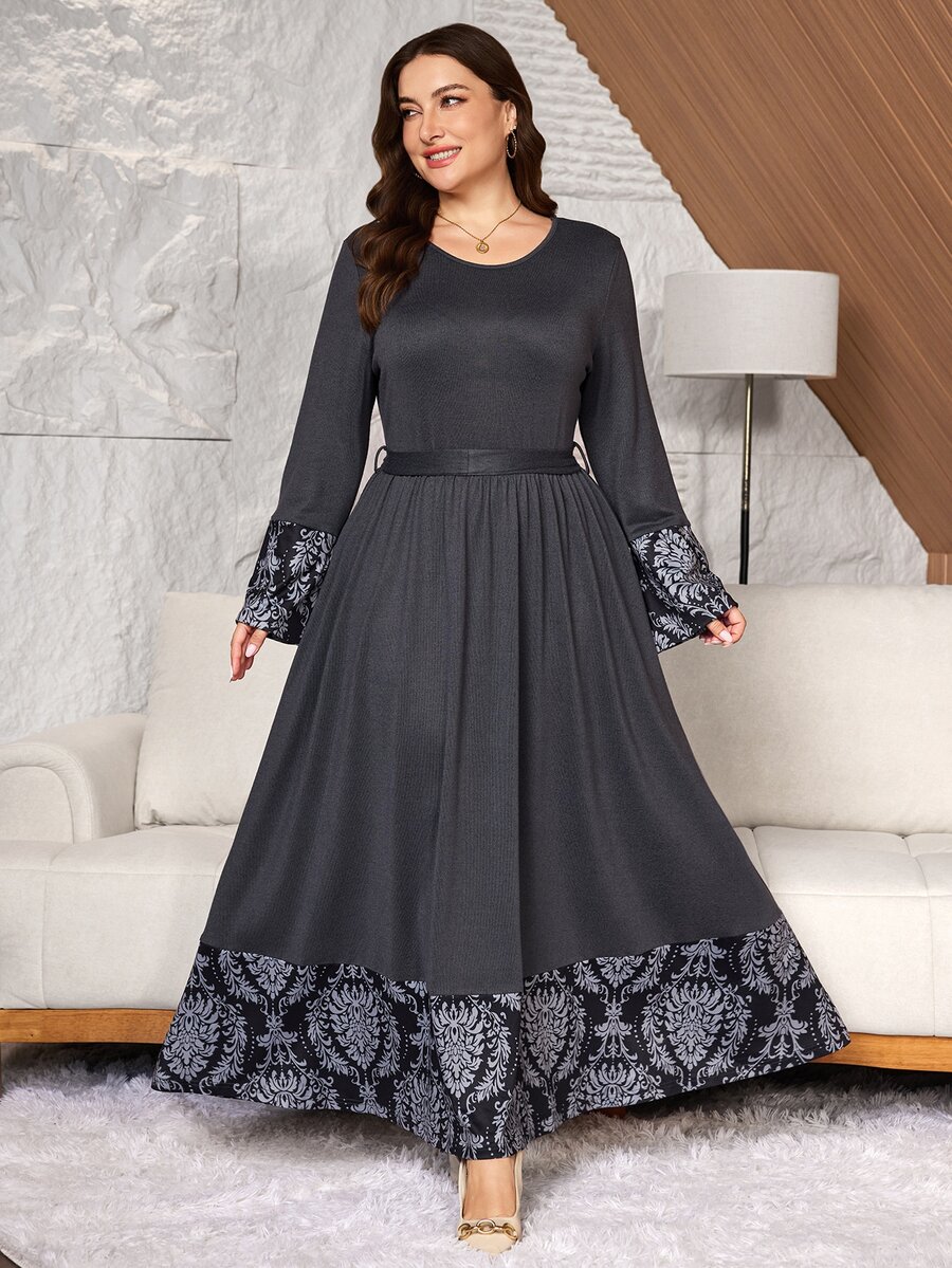 Lacomfia Women's Elegant Minimalist Round Neck Patchwork Floral Print Tie Waist Daily Home Wear Plus Size Long Sleeve Dress - Grey - View 1