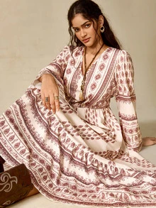 Nubod Plus Size Women Bohemian Style Long Sleeve Dress - Multicolor - View 6
