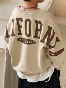 SHEIN Little Byeori 1件青少年男孩休閒學院風舒適時尚極簡街頭風寬鬆版型實用百搭大字母背後圖案厚實保暖衛衣，適合日常穿著、學校、旅行、運動，秋冬季節適用 - 杏色 - 查看 1