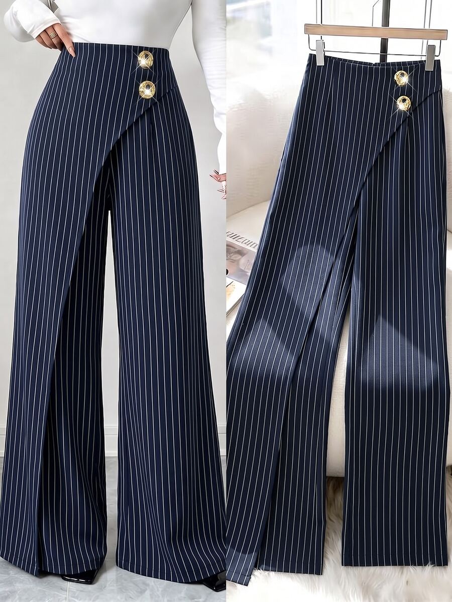 Modelyn Commuter Elegant Striped Criss-Cross Design Metal Button Decor Wide Leg Long Pants - Navy Blue - View 1
