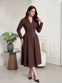 Feyla Women's Solid Color Elegant Daily Business Commute V-Neck Midi Dress - Brown - View 4