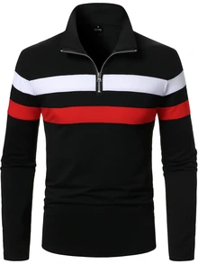Manfinity Homme 男士條紋拼接對比色拉鍊半開襟 Polo 衫 - 彩色 - 查看 4